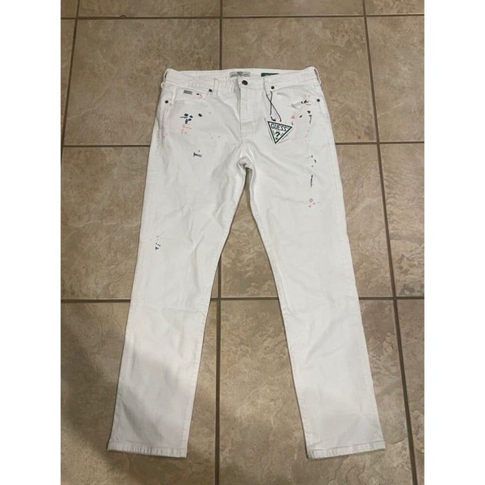 Guess USA White Jeans Slim Straight 34 New Splatter Paint Men's Men